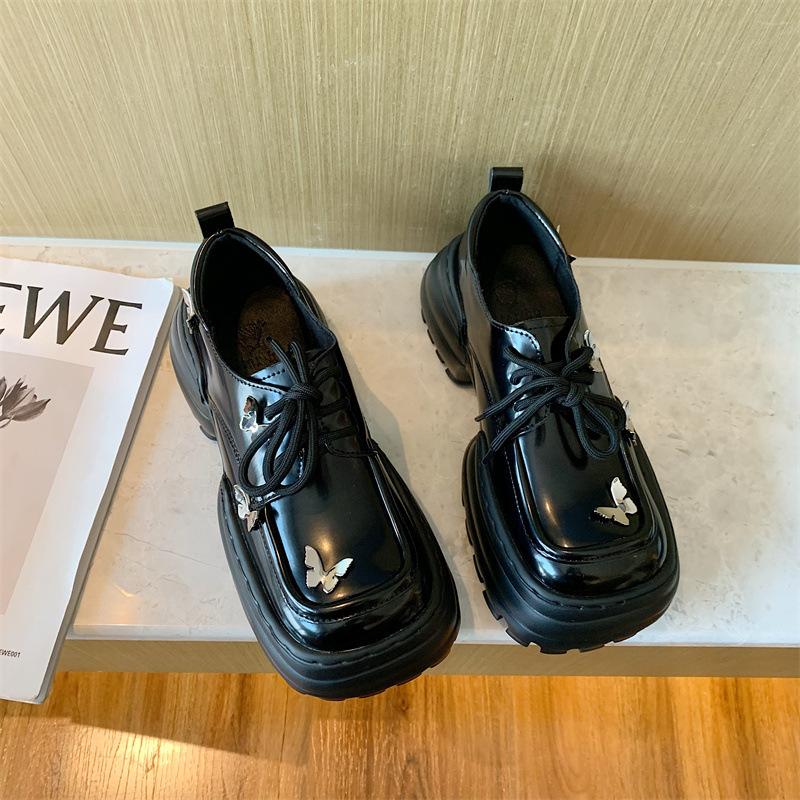 2025 spring and autumn new square head retro Mary Jane shoes butterfly big head small leather shoes platform muffin single shoes women