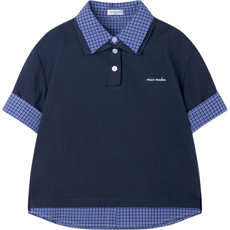 Mucmukn Girls  Faux Two-Piece Plaid Polo Shirt 130CM