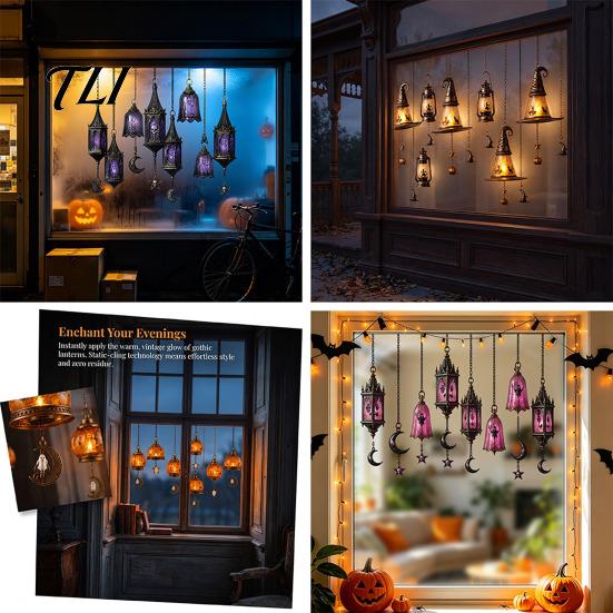Easy To Apply Wall Stickers Spooky Halloween Window Static Sticker, Pumpkin Bat And Witch Patterns Self Adhesive Film Printed, Decorative