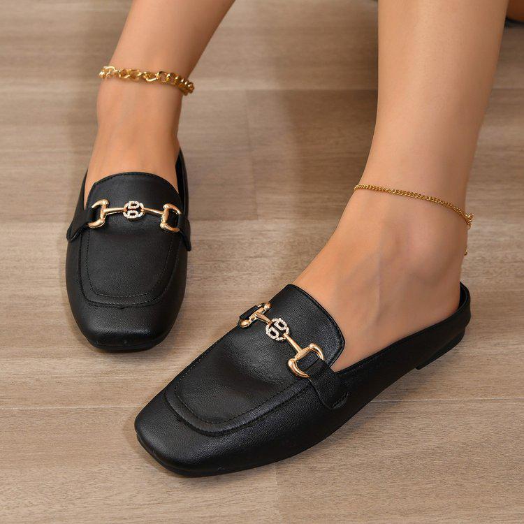 Women's 2024 Plus Size Metal Buckle Closed-Toe Fashion Half Slippers