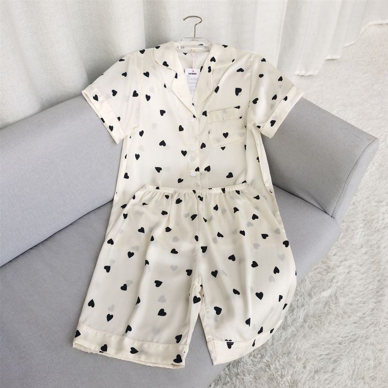 Heart Silk Pajamas Women's Spring and Summer Thin Artificial Silk New Arrival Short Sleeve Shorts Cardigan Loose Homewear Suit