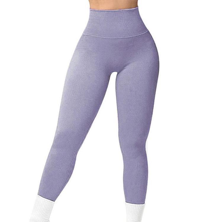 Women High Waisted Yoga Pants Ribbed Seamless Gym Leggings Solid Sport Fitness Running Training Tights Tummy Control Workout Female