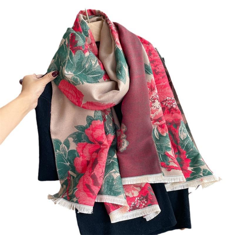 New winter cashmere scarf women's peony flower thickened warm scarf retro elegant high-end shawl