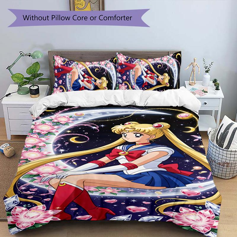 3-teiliges Sailor Moon Design Bettwäsche-Set - HD-bedruckte Bettwäsche mit 1 Bettbezug und 2 Kissenbezügen - Perfekt für die Heim- und Wohnheimdekoration