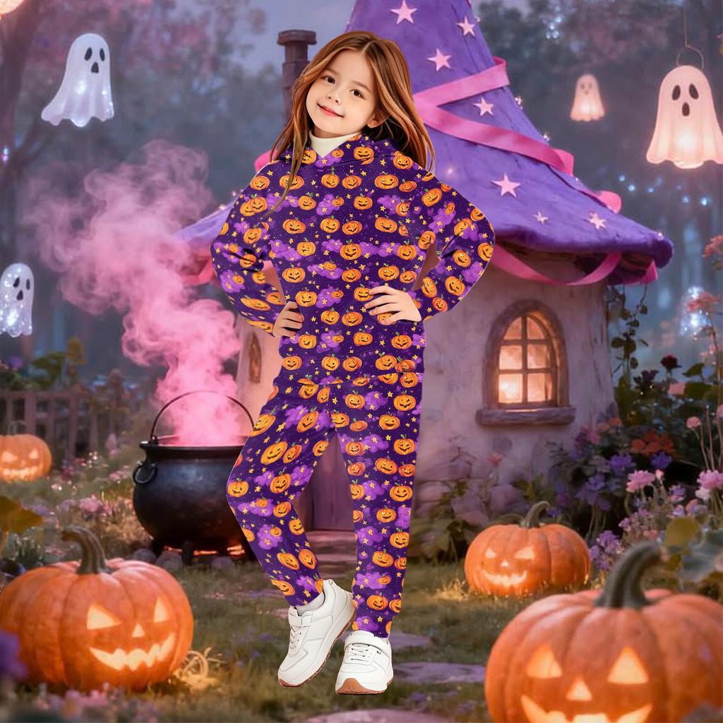 Kids' Hooded Sweatshirt Set with Halloween Print Pullover Top and Matching Pants for Boys Girls