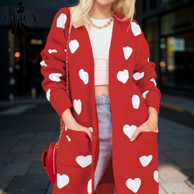 TIFICY Women's Fashion Casual Fall Winter Love Letter Print Long Sleeve V-Neck Sweaters