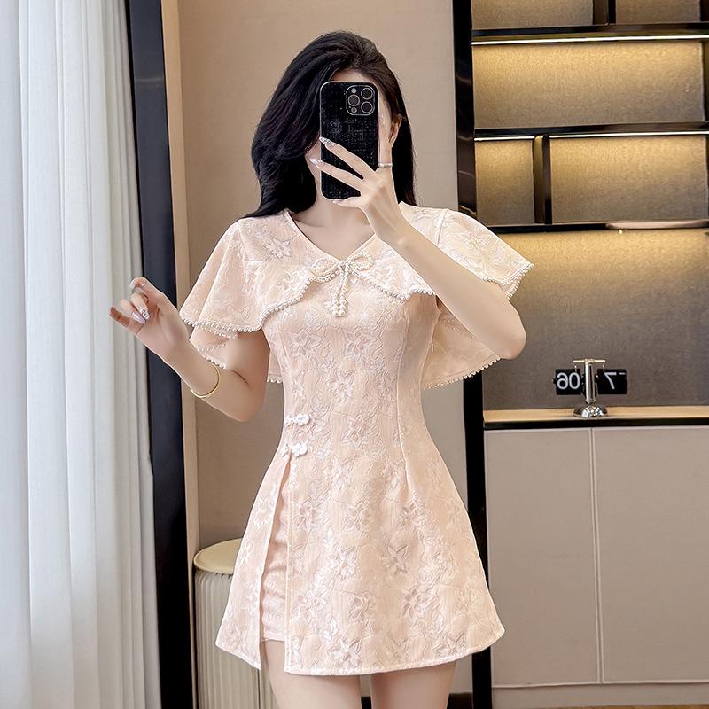 Summer New Chinese Style Lace Shawl Cape & Slim Fit Dress Shorts Set