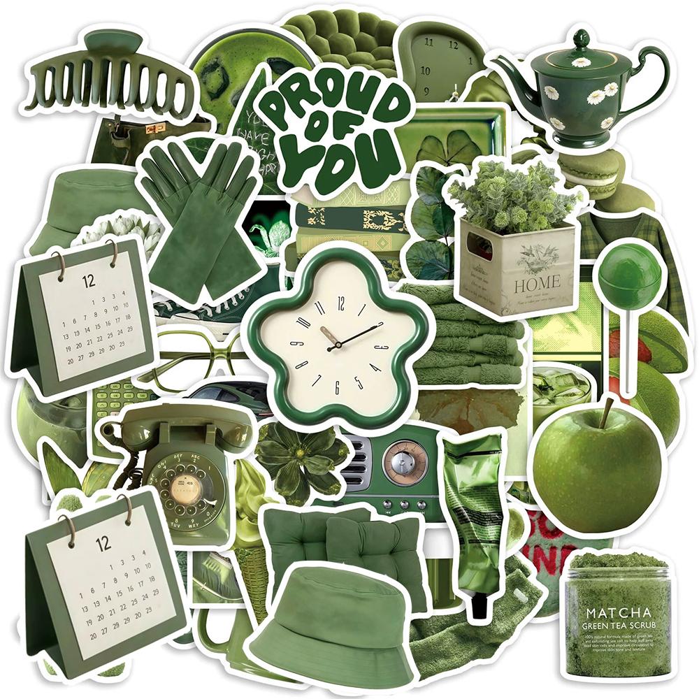 10/30/50pcs Ins Style Green Artistic Cartoon Stickers Waterproof DIY Journal Water Bottle Luggage Aesthetic Decoration Sticker