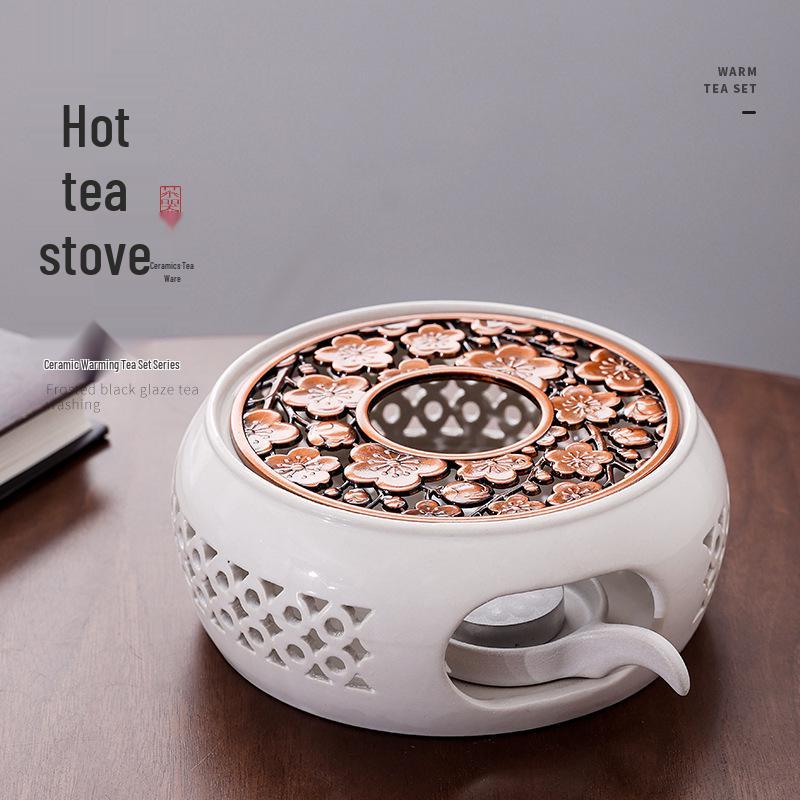 Japanese Style Ceramic Tea Warmer with Candle-Heated Insulated Glass Pot.