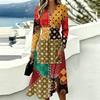 Women's Casual Color Block Plaid Print Long Sleeve V-Neck Dress with Pockets