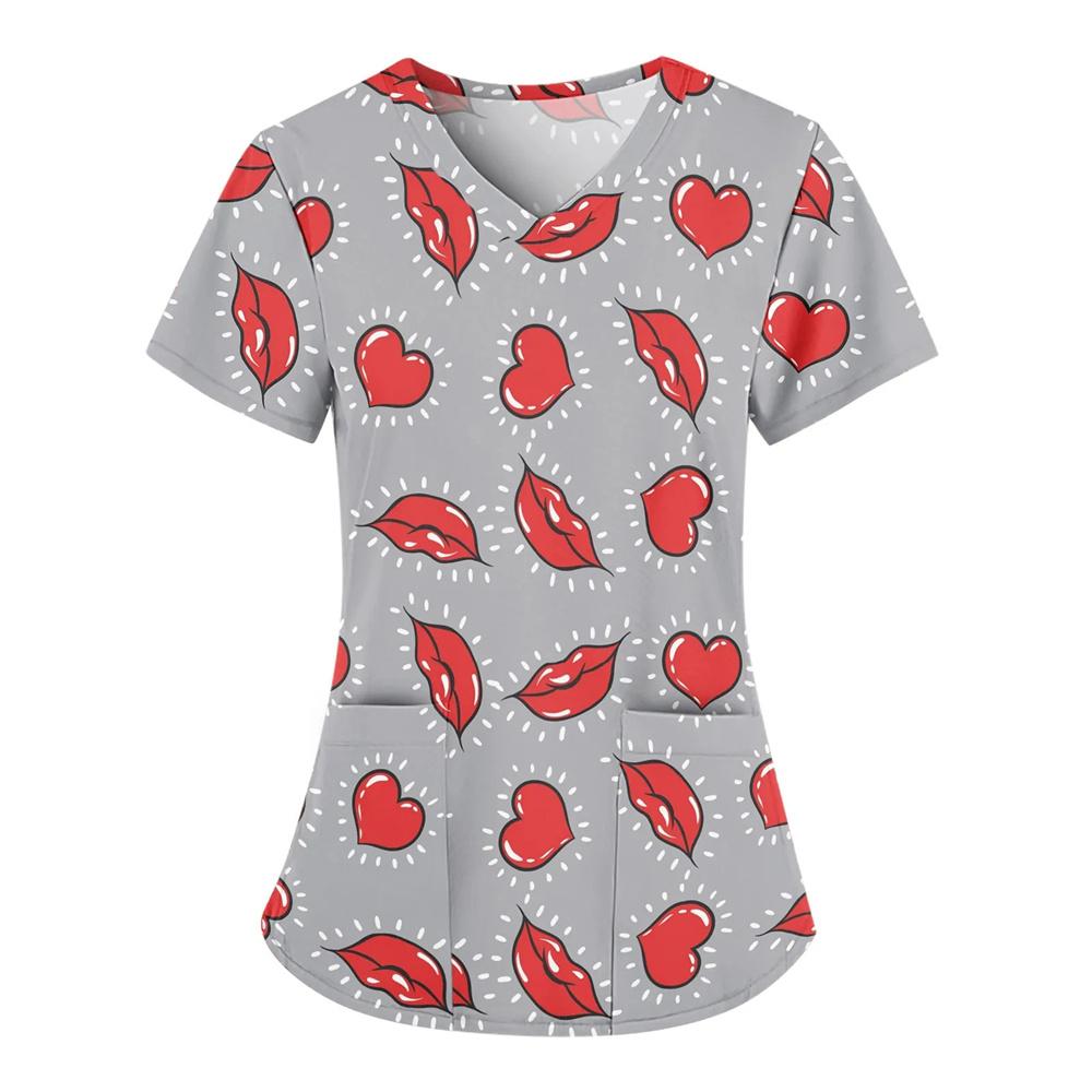 Nurse Uniform Women Valentines Day Love Print Gradient Short Sleeve Pocket Work Shirt Tunics Uniform Medical Nursing Scrubs Tops