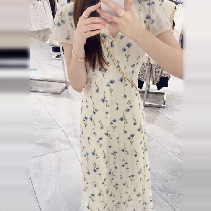 

Women s French White Floral V-Neck Short-Sleeve Long Dress for Summer 2026 Beach Vacation S