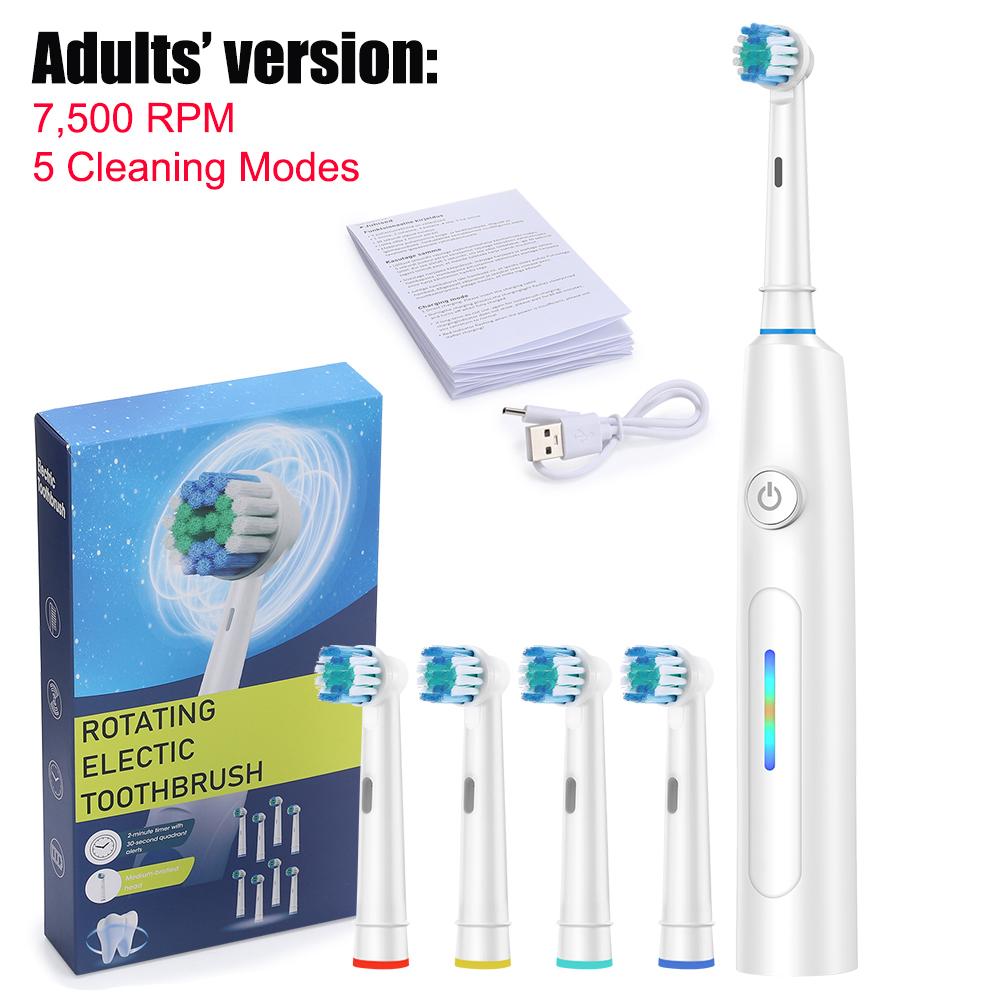 Rotary Electric Toothbrush For Adults Kids Rechargeable Sonic Toothbrushes With 4 Replaceable Brush Heads For Teeth Cleaning