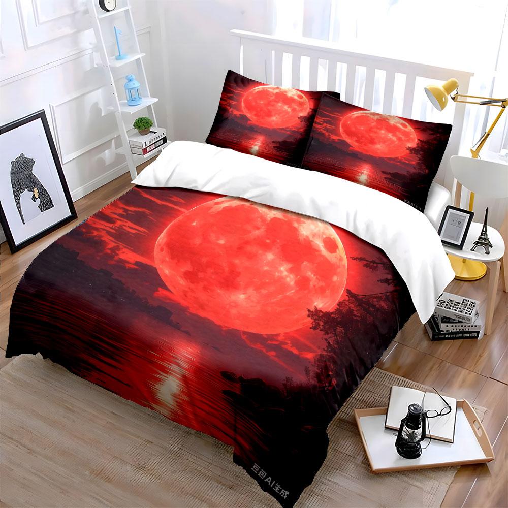 Red Moon Night Decorative Set Multiple Sizes Kid'S And Adults' Bedroom Exquisite 3Pc Bedding Set, Gift