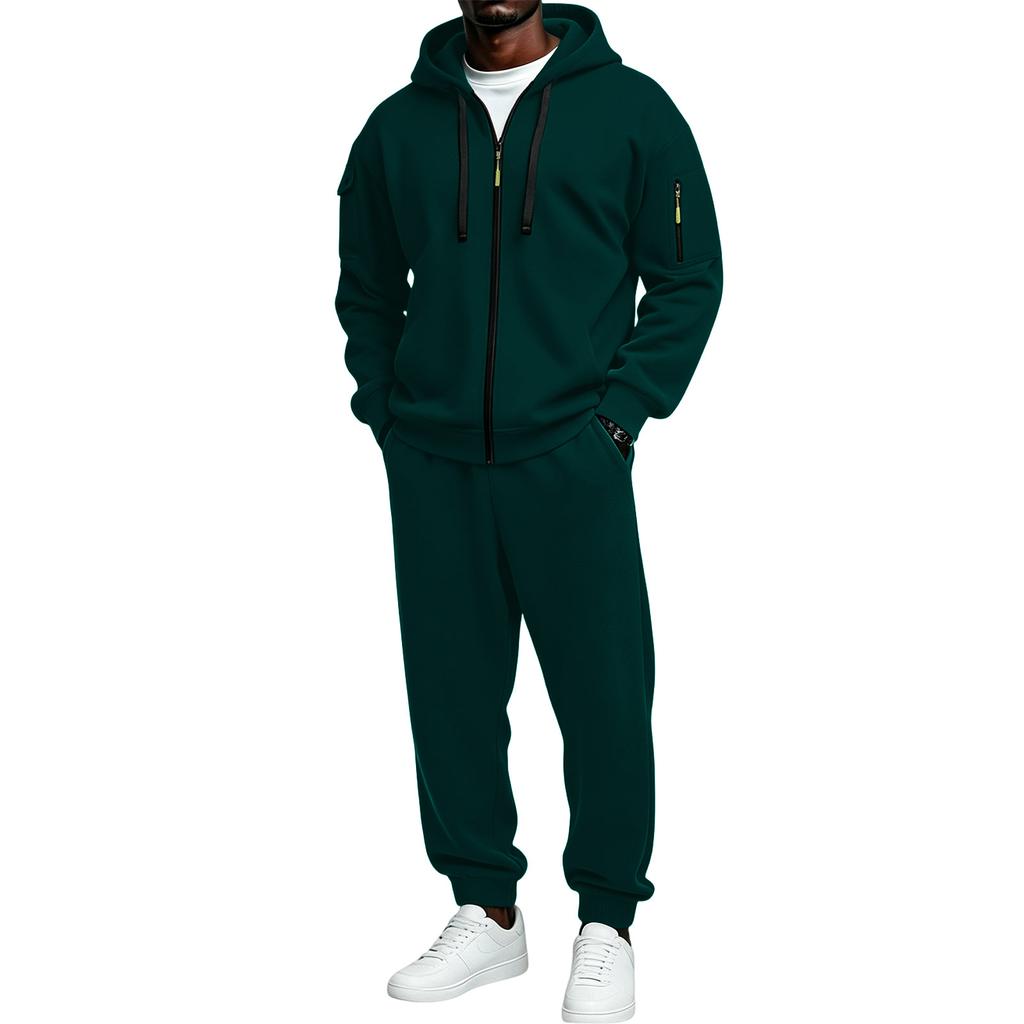 Men's Full Zip Hoodie Sweatshirt and Black Pants Sport Casual Two Piece Outfit Set