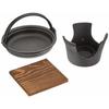 Asahi Iron Nanbu Sukiyaki Pot and Stove Set, Cast Iron/Natural Wood Base, Japan QSK41