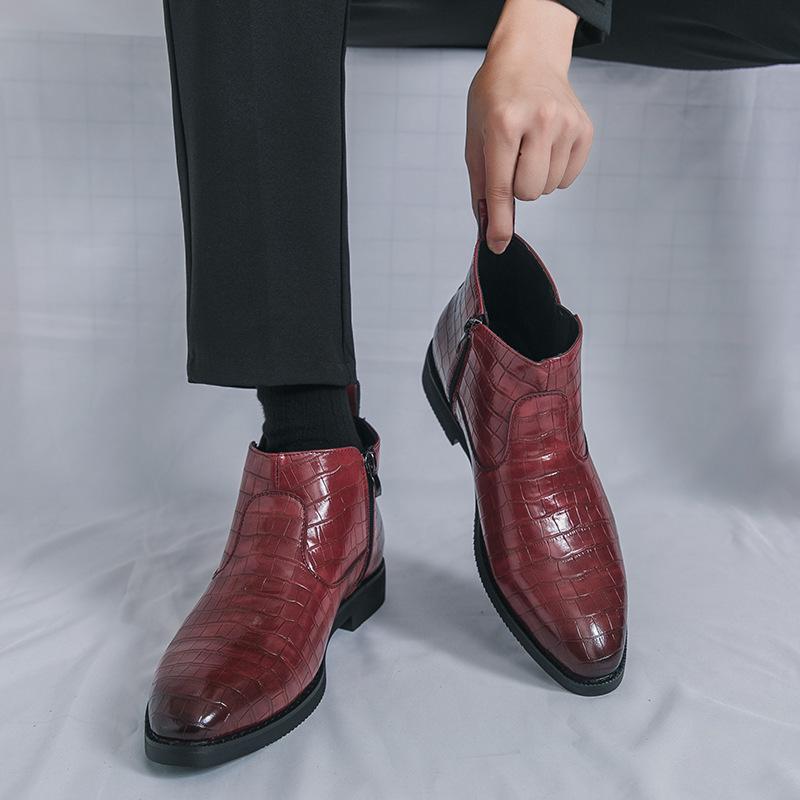 Plus Size Men's High Top Leather Chelsea Boots with Zipper and Brogue Design, Pointed Toe Martin Style.