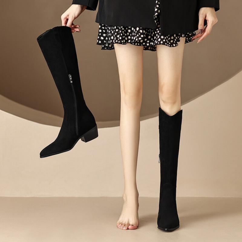 Autumn and winter women's suede fashion boots, black pointed zipper high-heeled boots, new square-heeled leather boots, Korean version of high boots