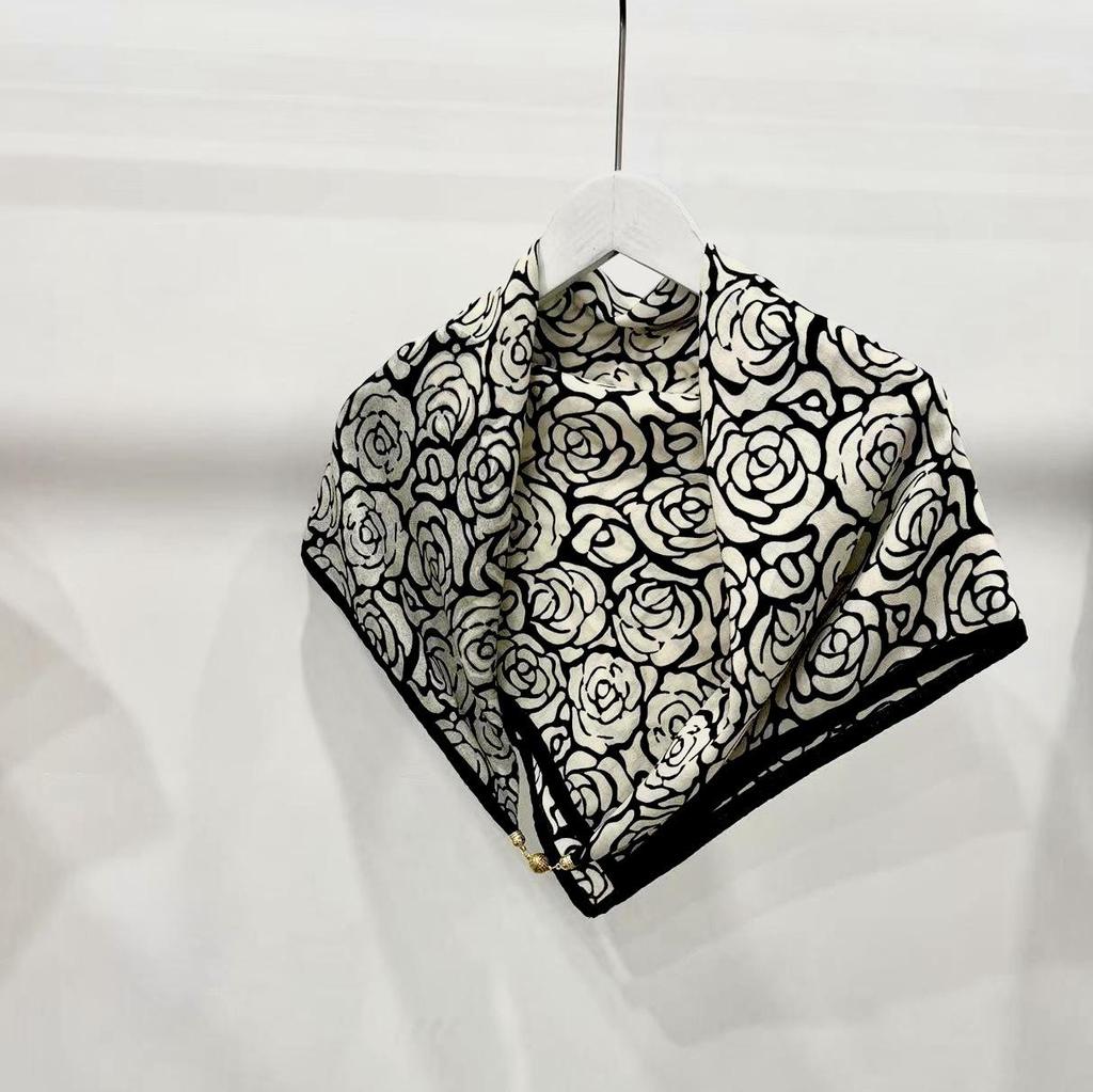 Women's 65" Silk Square Scarf with Magnetic Buckle – Autumn/Winter Print, Fashionable & Versatile Triangle Snood