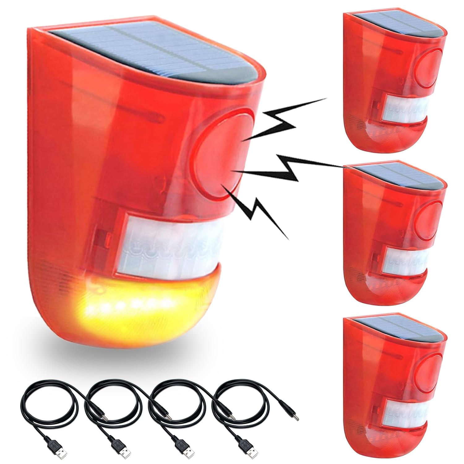 

Solar Warning Outdoor Solar Burglar Motion LED 129dB Siren Red Buzzer Warning Alarm for Tea and Villa Front Entrances 4-Pack Lights, Waterproof,