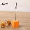 Metal Pole Memo Stand 2 Pcs Wooden Cube Base Holder with Clips, Mini Table Smooth Open Close Clip Number Stands for Name Cards, Photos, Memos,