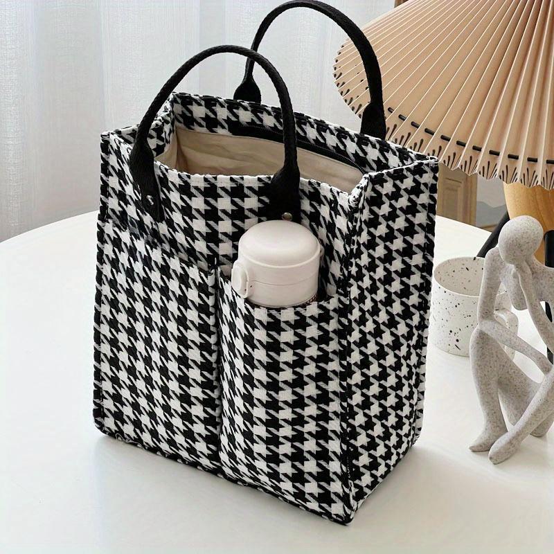Thick Polyester Tote Bag Large Capacity Minimalist Plaid Pattern with Zipper Closure, Reinforced Handles for Work, Shopping & Daily Essentials