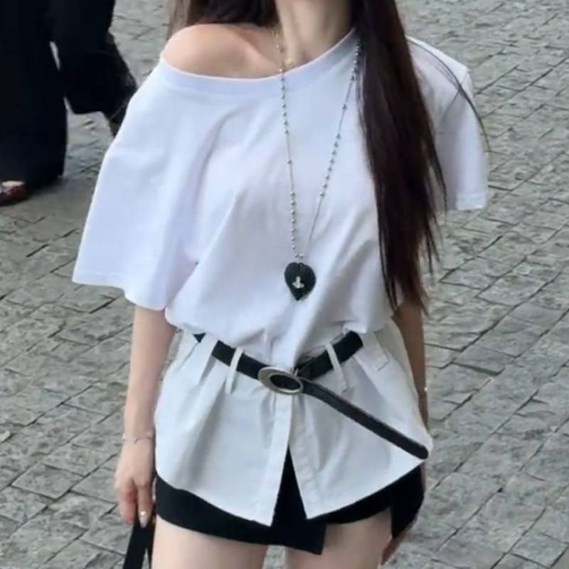 Zomerse Mode Offshoulder Gedeelde Gerimpelde Taille T-shirt Voor Dames