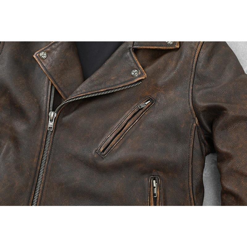 Chinesische Größe Rindsleder Ledermantel Herren Retro Distressed Motorrad Fahrradbekleidung Trendy Jugend LapeSpring und Herbst Mantel