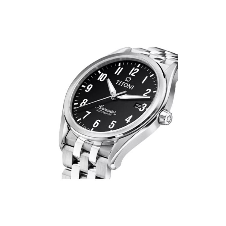 Titoni Pflaumenblüten Airmaster Serie Automatik Mechanisches Uhrwerk 50 Meter 40,5 mm Schwarzes Zifferblatt Edelstahlgehäuse Edelstahlarmband 83906-S-699