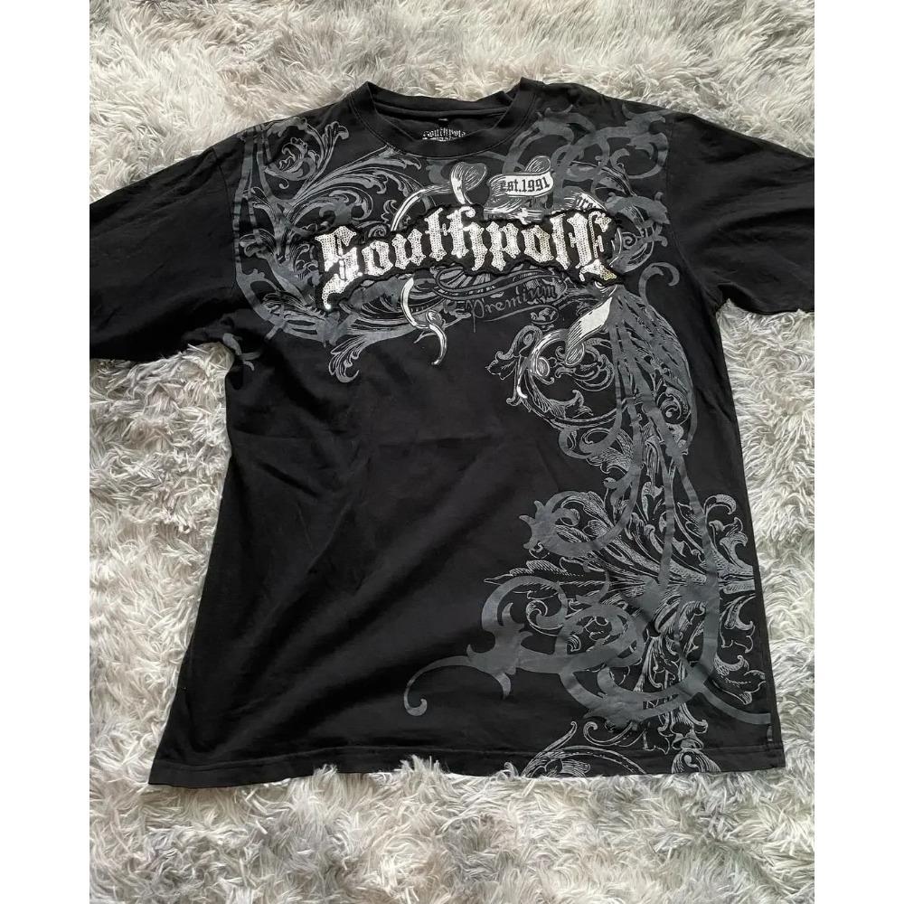 High Street Southpole Tricou Oversized cu Mânecă Scurtă pentru Femei Y2K cu Imprimeu Grafic Harajuku Gotic cu Gât Rotund Topuri cu Mânecă Scurtă