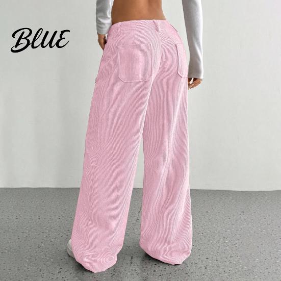 Women Pants Low Rise Zipper Button Fly Straight Wide Leg Comfortable All-day Wear Long with Pockets Solid Color Ribbed Leisure Trousers Wide-leg