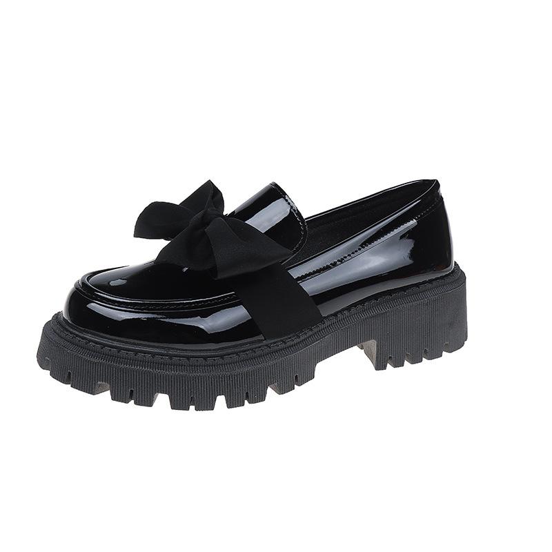 Fashion Bow Loafer Shoes Women 2024 Spring and Autumn New Thick Sole Mid-heel Lazy British Style Retro Small Leather Shoes