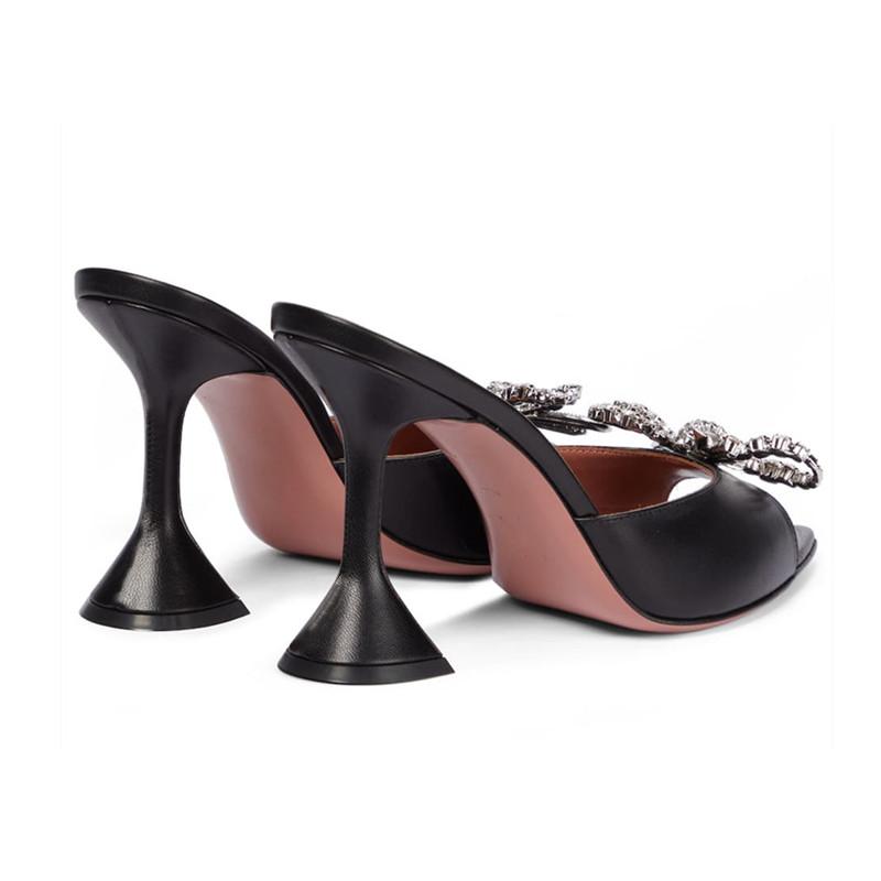 Plus Size 35-45 Black PU Leather Crystal Bowknot Women Slippers Sandals Goblet Heeled High Heels Mules Slides Shoes