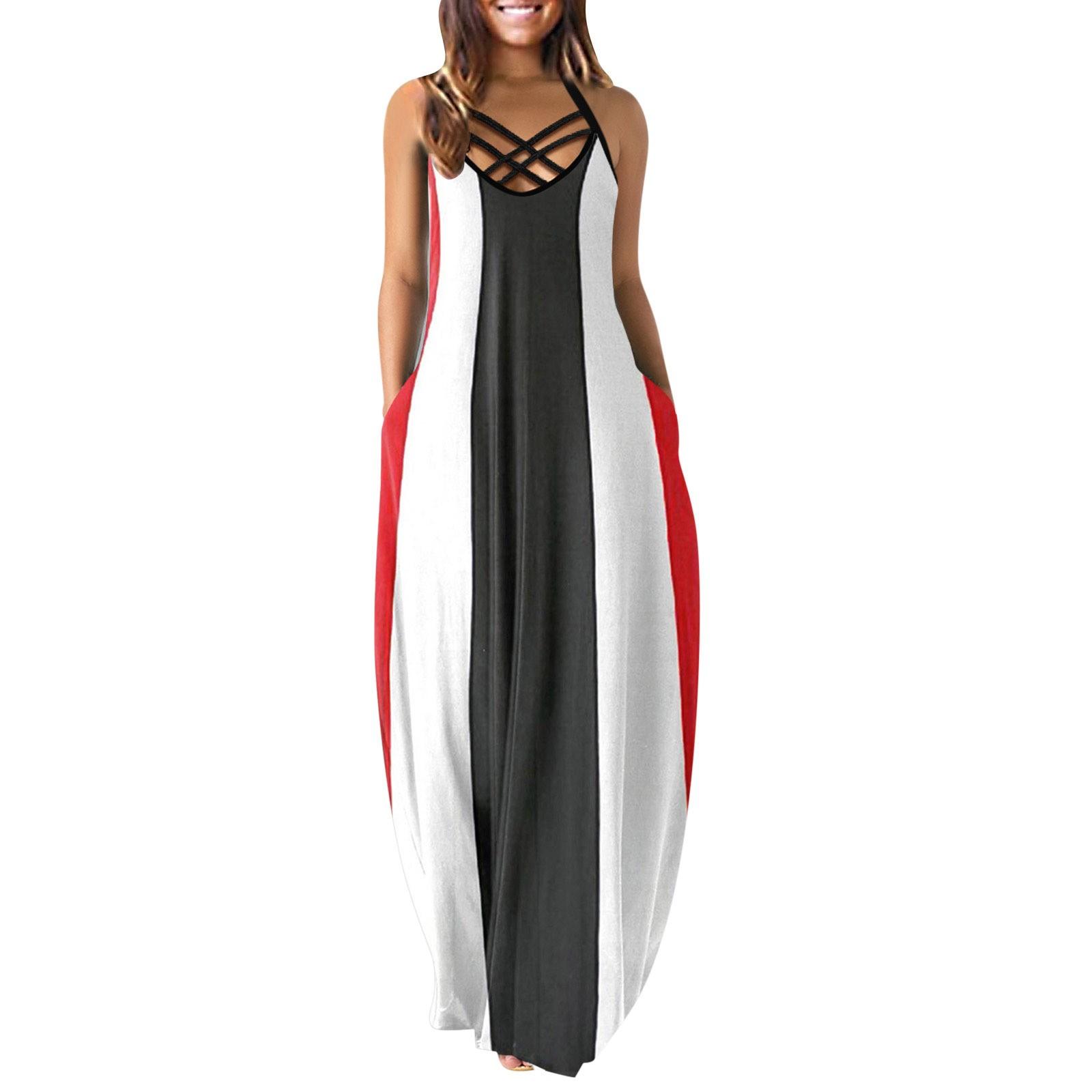 

Ladies Casual Print Sleeveless Round Neck Cross Strap Plus Size Dress Double Pocket M