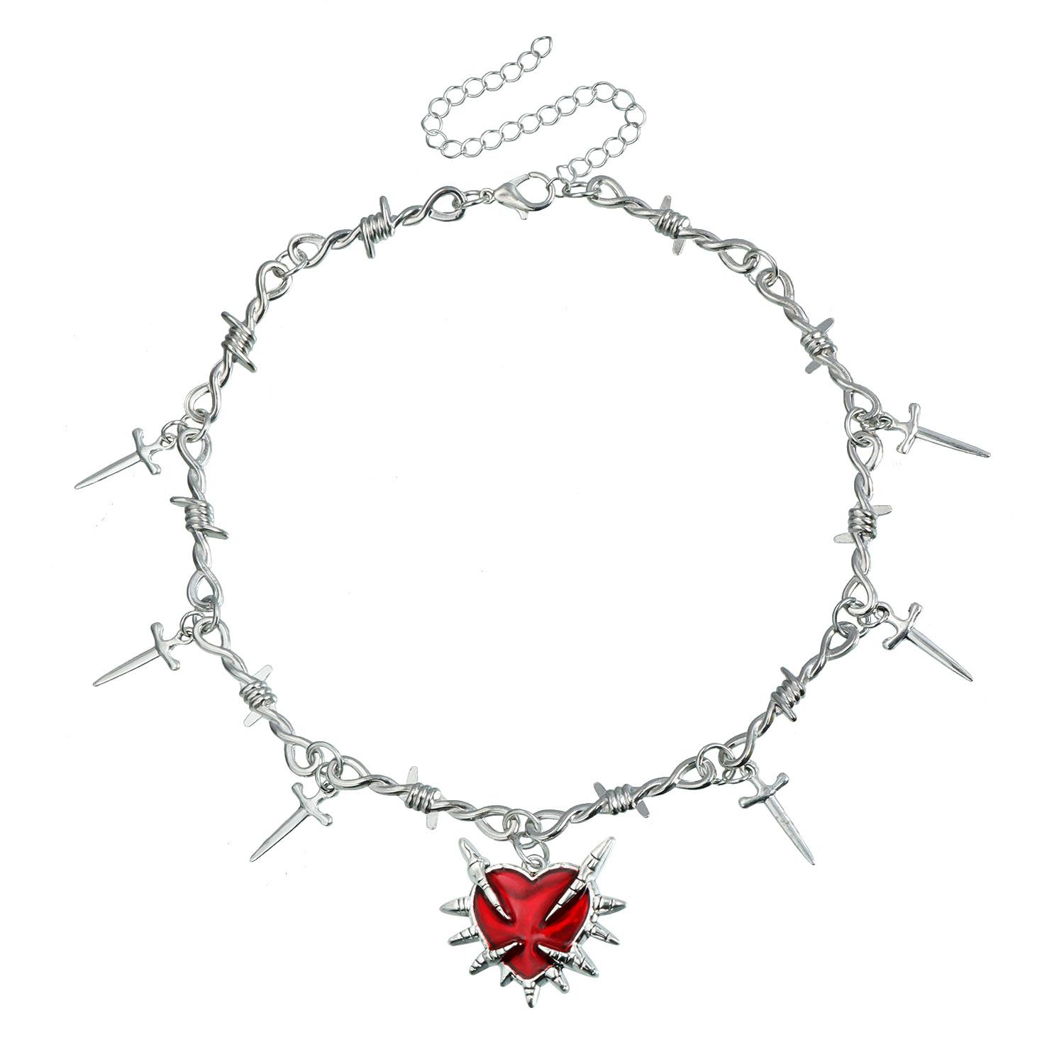 

European and American jewelry exaggerated punk personality iron thorn dark red love collarbone chain fashion design sense y1k necklace