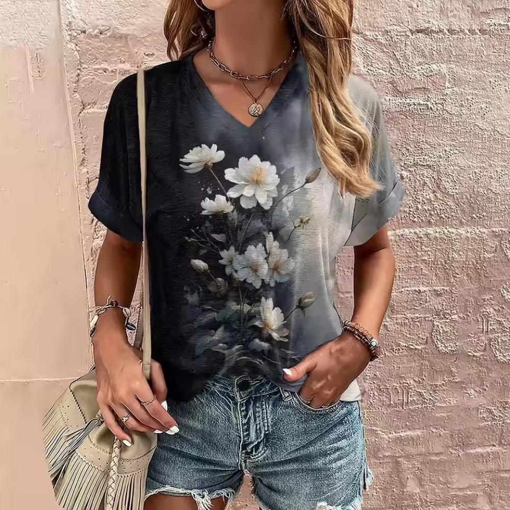 Women's Summer V-neck T-shirt Flower Printed Casual Tops Cubic Sleeve T Shirt Fashion Street Pullover OverSize Women's Clothing