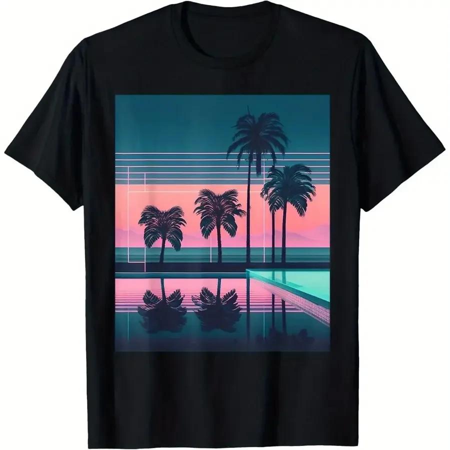 Nowość Unisex Vaporwave Zachód Słońca Palma Basen Graficzny T-shirt Casual Krótki Rękaw Okrągły Dekolt Retro Synthwave Streetwear Top