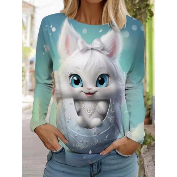 Camisetas de Mujer de Manga Larga Casuales de Moda con Cuello Redondo y Estampado de Gato Lindo con Impresión 3D para Primavera y Otoño
