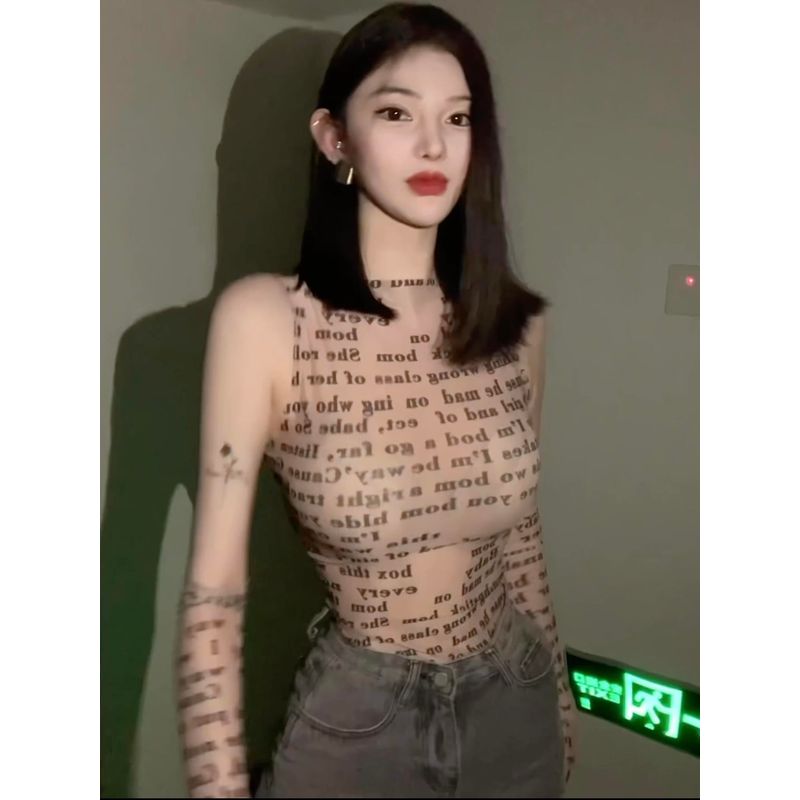 Garis Fashion Ins Sexy Style Print Mesh See-through T-shirt Female 2025 Summer New Arrival Slim Fit Slimming Top