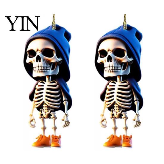 Lightweight Acrylic Car Decor 2Pcs Hoodie Skeleton Ornaments, 2D Flat Pendants, Gothic Backpack Pendant And Keychain Charm Style Hanging Ornaments for