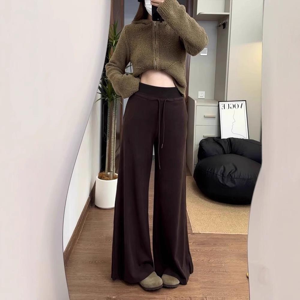 3D Waistband Coffee Drawstring Women's Knit Wide Leg Pants - Autumn/Winter Collection