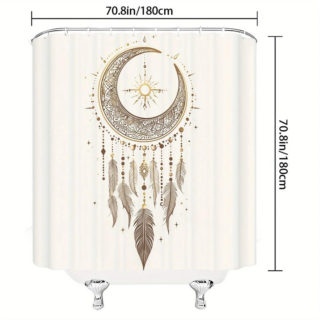 Celestial Crescent Moon Shower Curtain - Golden Geometric Designs & Bohemian Charms, Mystical Art Bath Decor