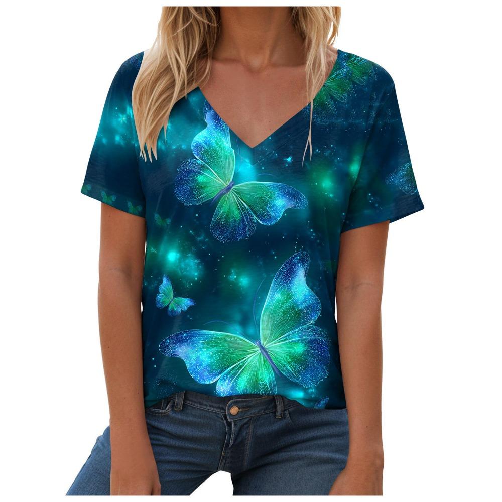 Women's flower butterfly print short sleeved V-neck T-shirt