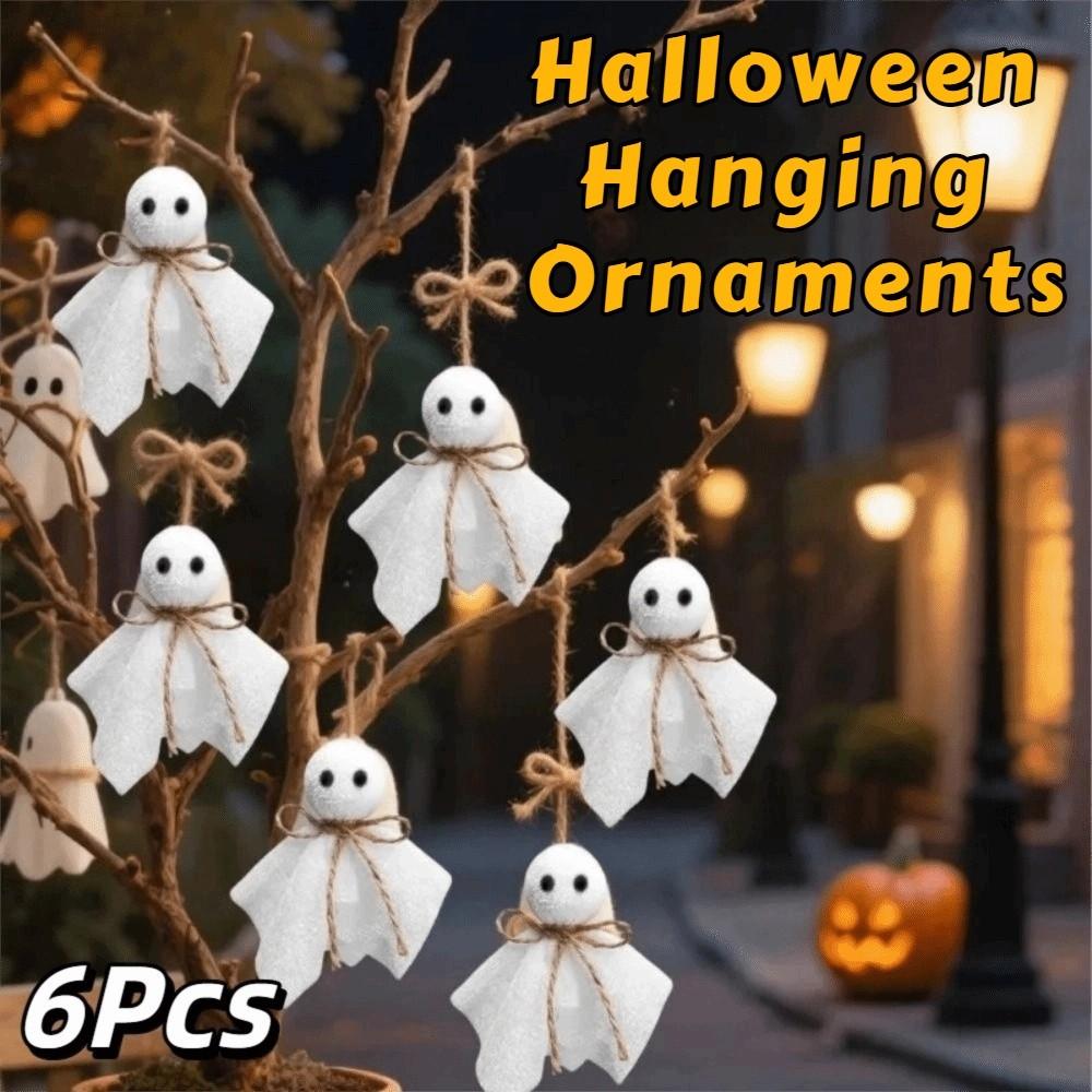 6Pcs 3 Inch Halloween Cloth Ghosts White Ghosts Hanging Ghost Pendant  Haunted House Decoration