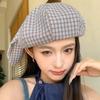 Korean Style Rabbit Ears Octagonal Hat Big Head Circumference Women Artist Hat Plaid Beret  Ladies