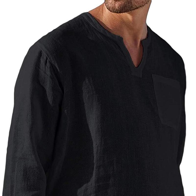 Fashion Men's Long Sleeve V-Neck Casual Beach Linen Shirt Men's Tops
