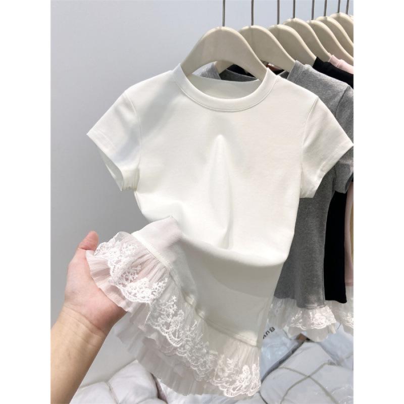 

2025 Summer Women s Lace-Trimmed Short-Sleeve T-Shirt - Chic & Slimming L белый