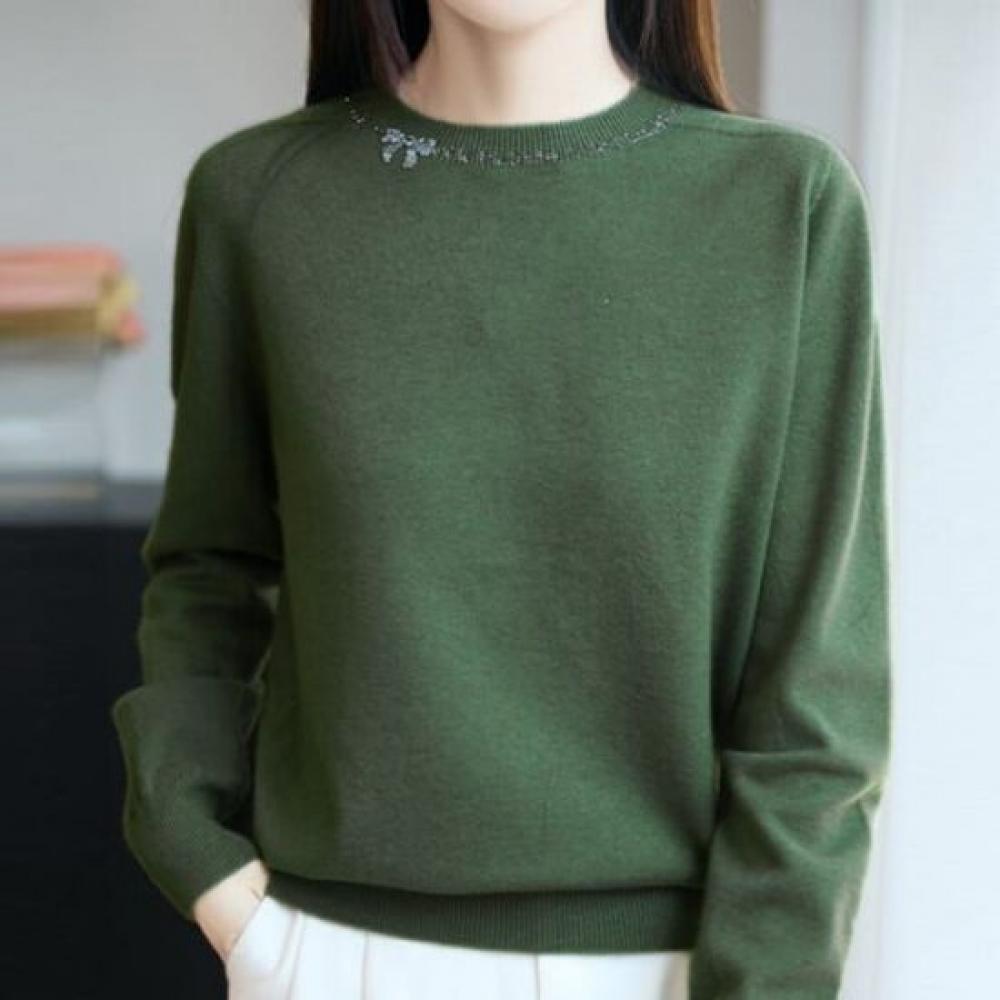 Navava Women Ribbon Point Round Neck Long Sleeve Knit Tee Nk3192