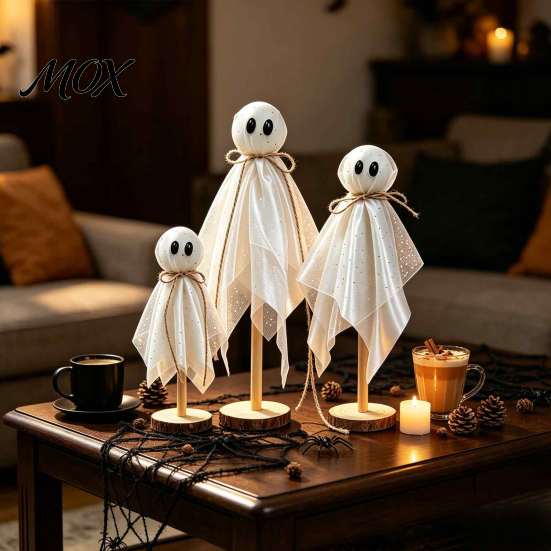 Playful Ghost Table Centerpieces 3 Pcs Halloween Ghosts on Wooden Stand, Vintage Rustic Fabric Sparkling Foam Ball Crafts Figures, Spooky Tabletop
