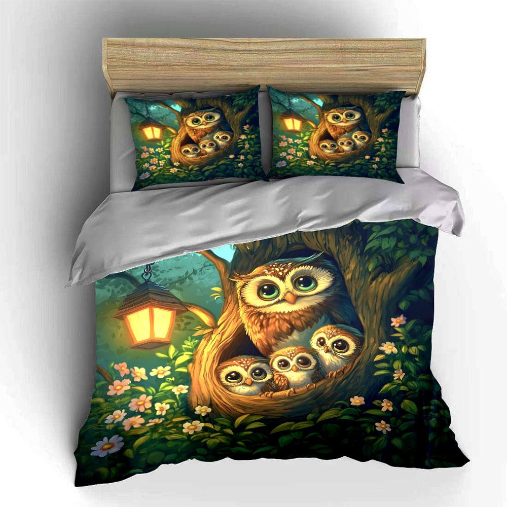 Cute Owl Family Decorative Set Bedding Set With 1 Duvet Cover 2 Pillowcases Single Double King Queen, Gift